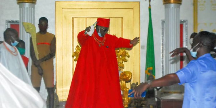 Oba of Benin with Palace Chiefs and Enigies on the Repatriation of the Looted Benin Artifacts.