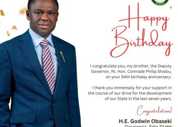 Governor Obaseki congratulates Deputy on his birthday.