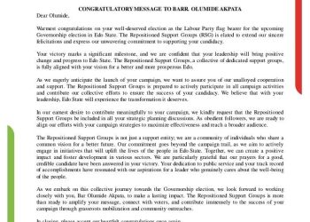 Edo 2024: Labour Party Congratulates Olumide Akpata