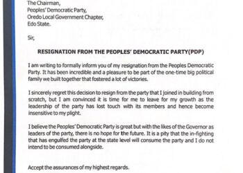 Obaseki, a chieftain of PDP, Oredo LGA, dumps party.