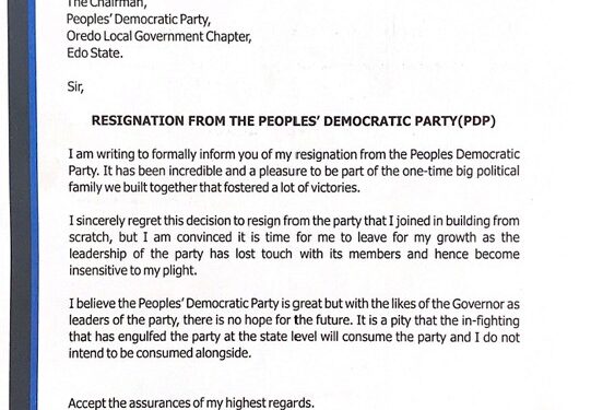 Obaseki, a chieftain of PDP, Oredo LGA, dumps party.