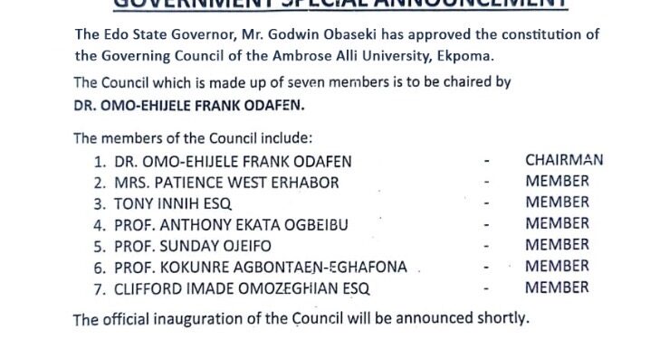 EDSG approves new Governing Council for Ambrose Alli University, chaired by Dr. Odafen
