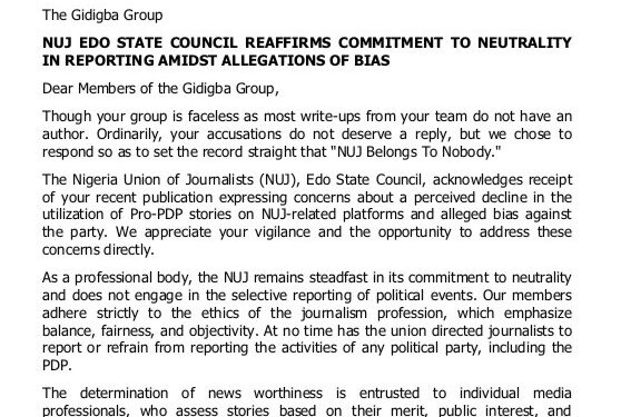 NUJ EDO STATE COUNCIL REAFFIRMS COMMITMENT TO NEUTRALITY IN REPORTING AMIDST ALLEGATIONS OF BIAS