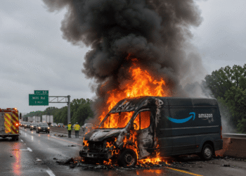 “Amazon Delivery Van Engulfed in Flames on Highway, Massive Smoke Plume Sparks Traffic Disruptions”