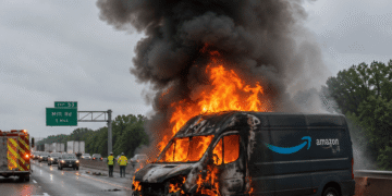“Amazon Delivery Van Engulfed in Flames on Highway, Massive Smoke Plume Sparks Traffic Disruptions”
