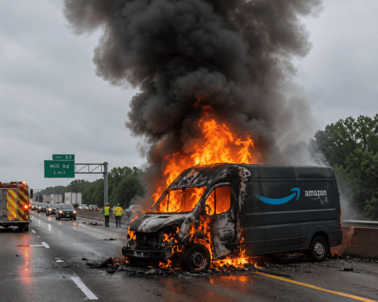 “Amazon Delivery Van Engulfed in Flames on Highway, Massive Smoke Plume Sparks Traffic Disruptions”