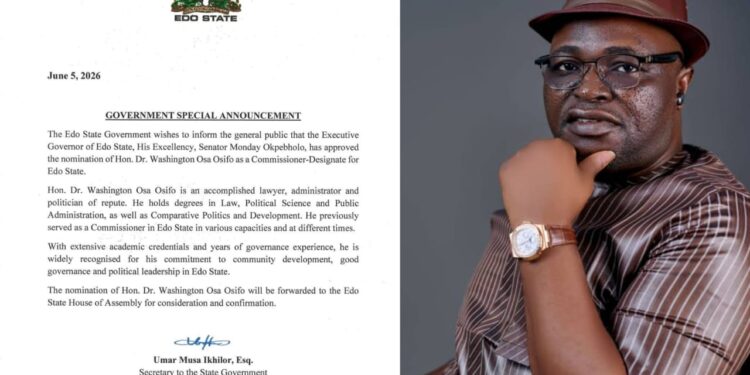 Gov. Okpebholo Nominates Washington Osifo as Commissioner-Designate